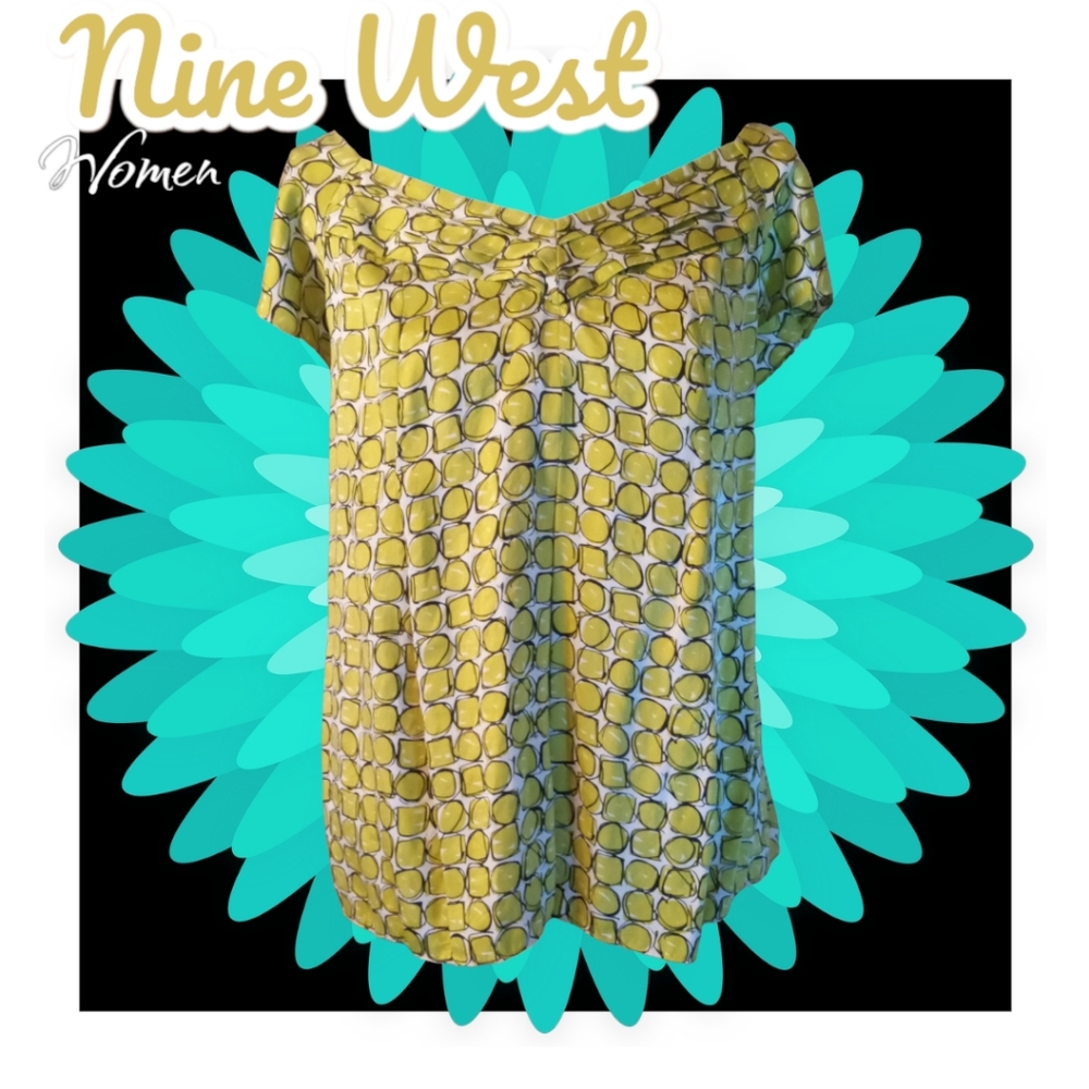 Nine West Women Silk Babydoll Capp Sleeve Empire Waisted Geometric Print…